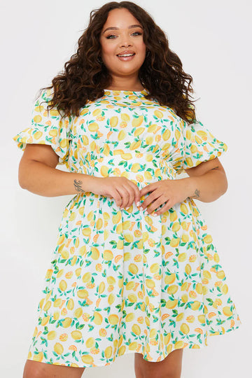Round Neck Shirred Waist Lemon Smock Dress